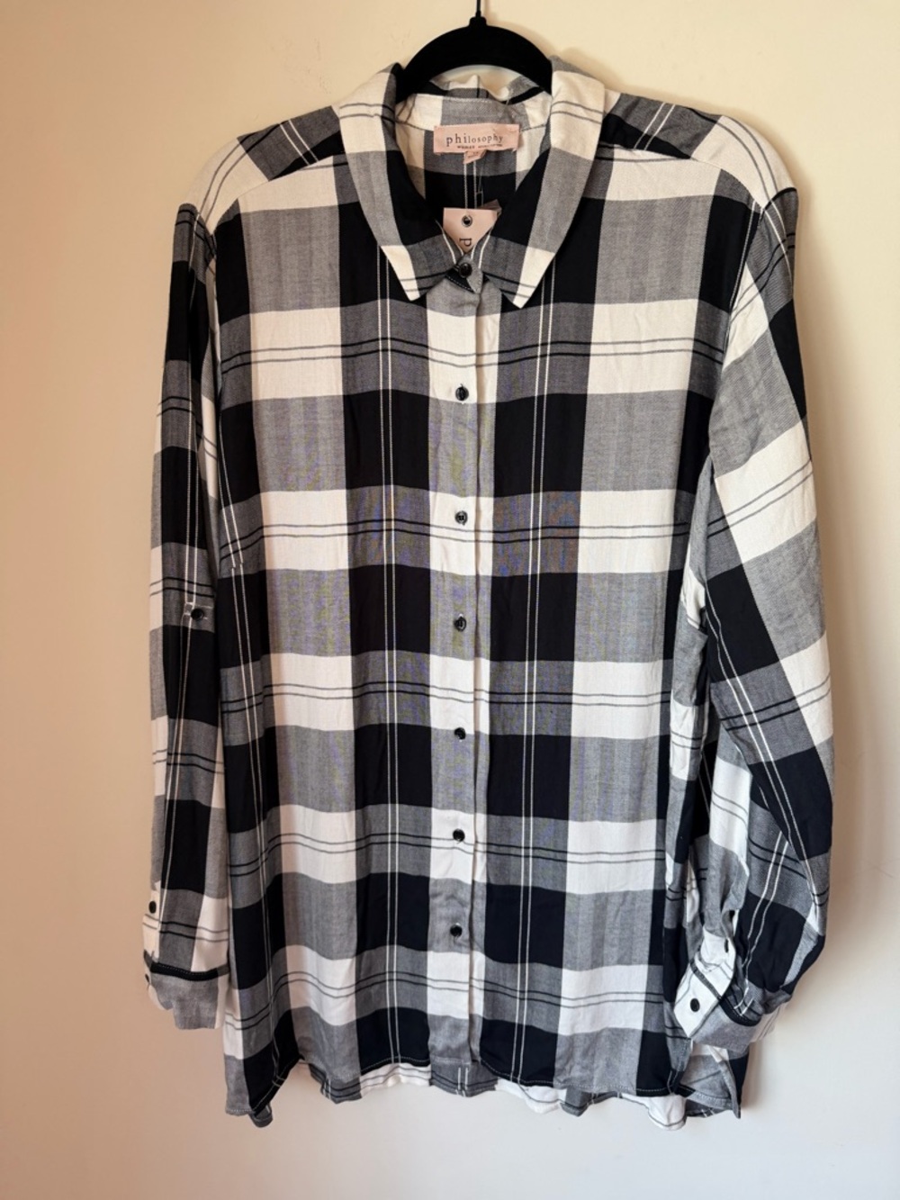 Philosophy 1X Plaid Button-Up Blouse Black Gray Roll Tab Sleeve Chic -NWT